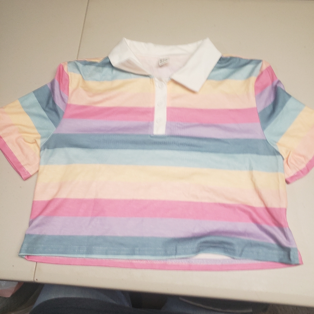 Colorful Striped Juniors Polo Crop Top Shirt